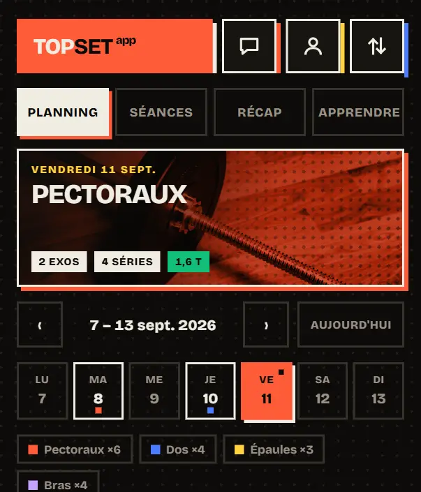 Écran Planning de Top Set : la séance du jour, la semaine en pastilles et les groupes musculaires travaillés