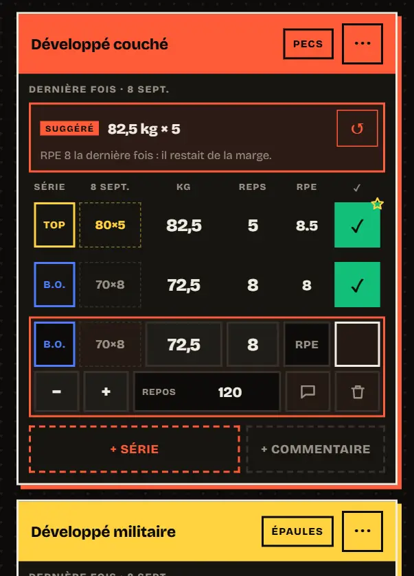 Saisie d'une séance de développé couché : une charge suggérée, puis une série par ligne, avec la série de la dernière fois en face, le type, le RPE et la coche